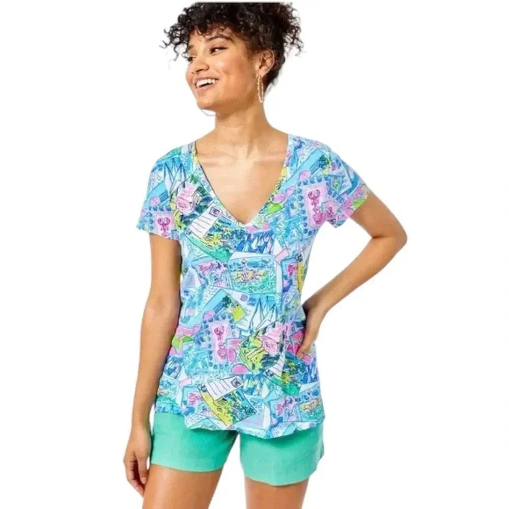 LILLY PULITZER | Etta V-Neck Cotton Floral Tee Top in Blue Multicolor Size XS